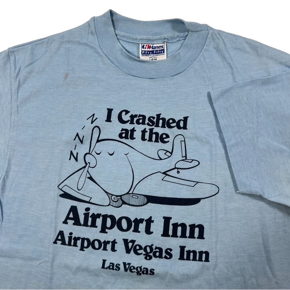 Vintage 80s Airplane Shirt Mens Large Blue Single Stitch Las Vegas Airport Inn